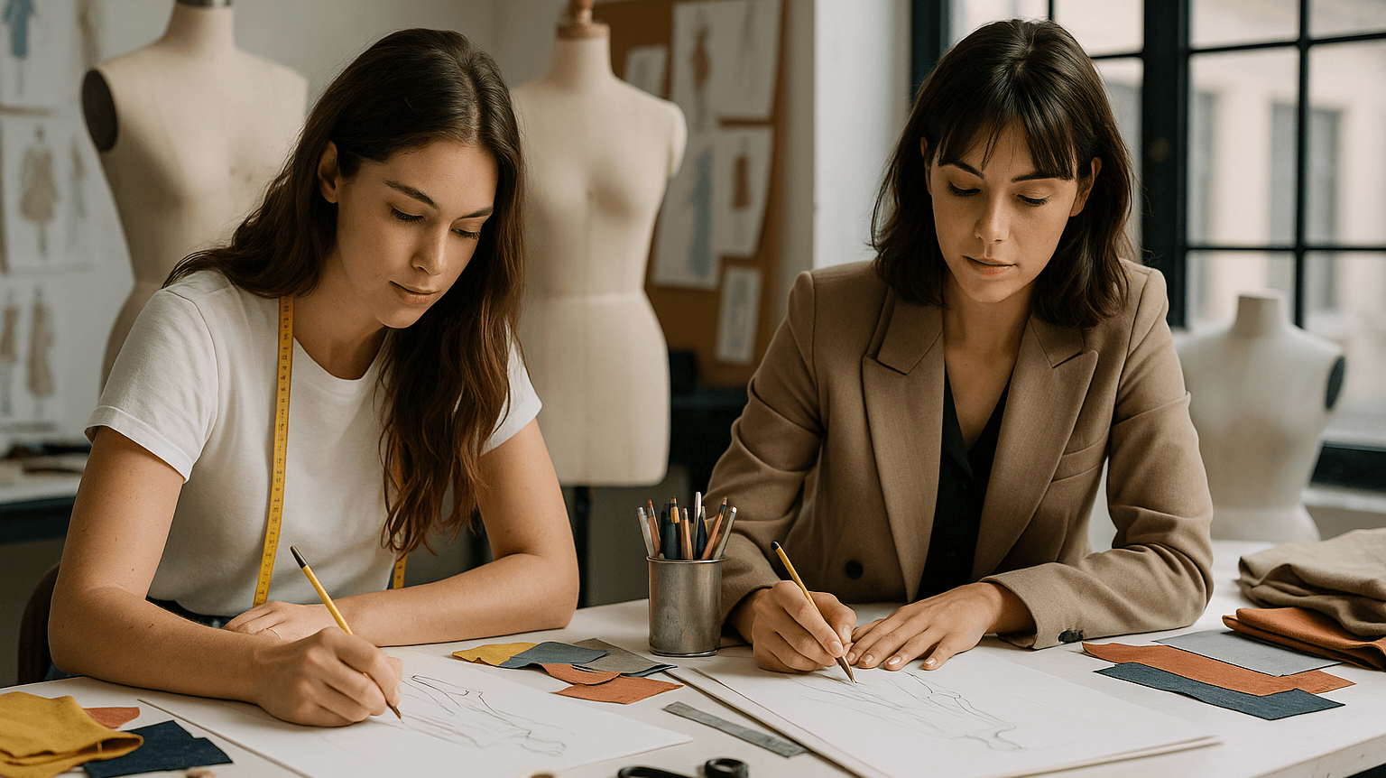 Fashion students from top global design schools working on garments in a modern studio setting, showcasing international fashion education excellence