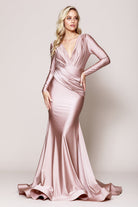 V-Neck Long Sleeves Mermaid Satin Long Evening & Mother Of The Bride Dress AC381-Mother of the Bride Dress-smcfashion.com