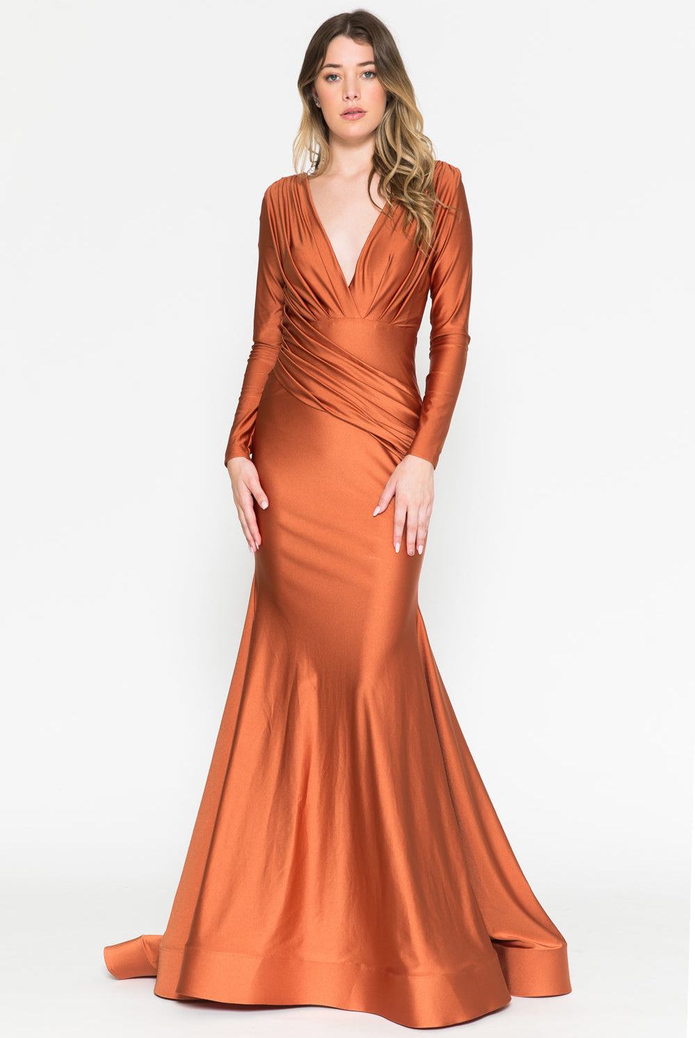 V-Neck Long Sleeves Mermaid Satin Long Evening & Mother Of The Bride Dress AC381-Mother of the Bride Dress-smcfashion.com