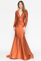 V-Neck Long Sleeves Mermaid Satin Long Evening & Mother Of The Bride Dress AC381-Mother of the Bride Dress-smcfashion.com