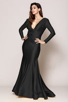 V-Neck Long Sleeves Mermaid Satin Long Evening & Mother Of The Bride Dress AC381-Mother of the Bride Dress-smcfashion.com