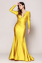 V-Neck Long Sleeves Mermaid Satin Long Evening & Mother Of The Bride Dress AC381-Mother of the Bride Dress-smcfashion.com