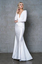 V-Neck Long Sleeves Mermaid Satin Long Evening & Mother Of The Bride Dress AC381-Mother of the Bride Dress-smcfashion.com
