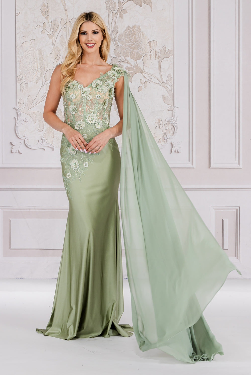 Strap One Shoulder 3D Floral Applique Mermaid Long Evening & Prom Dress AC388-Prom Dress-smcfashion.com