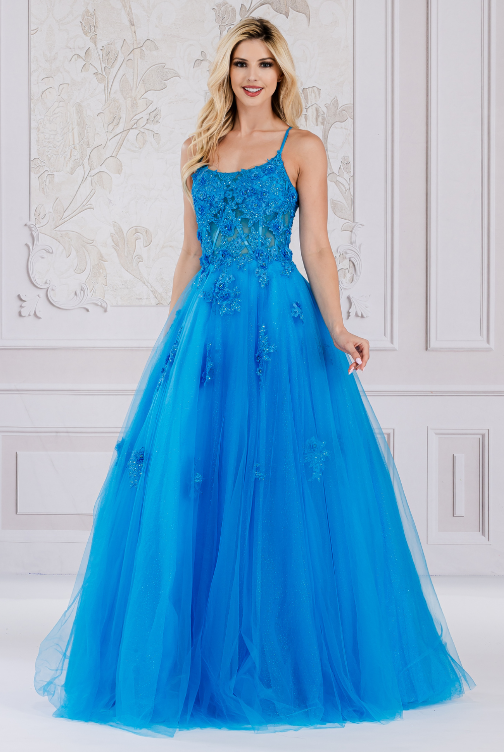 Flower Embroidery Tulle Skirt Boat Neck Long Prom Dress AC7035-Prom Dress-smcfashion.com