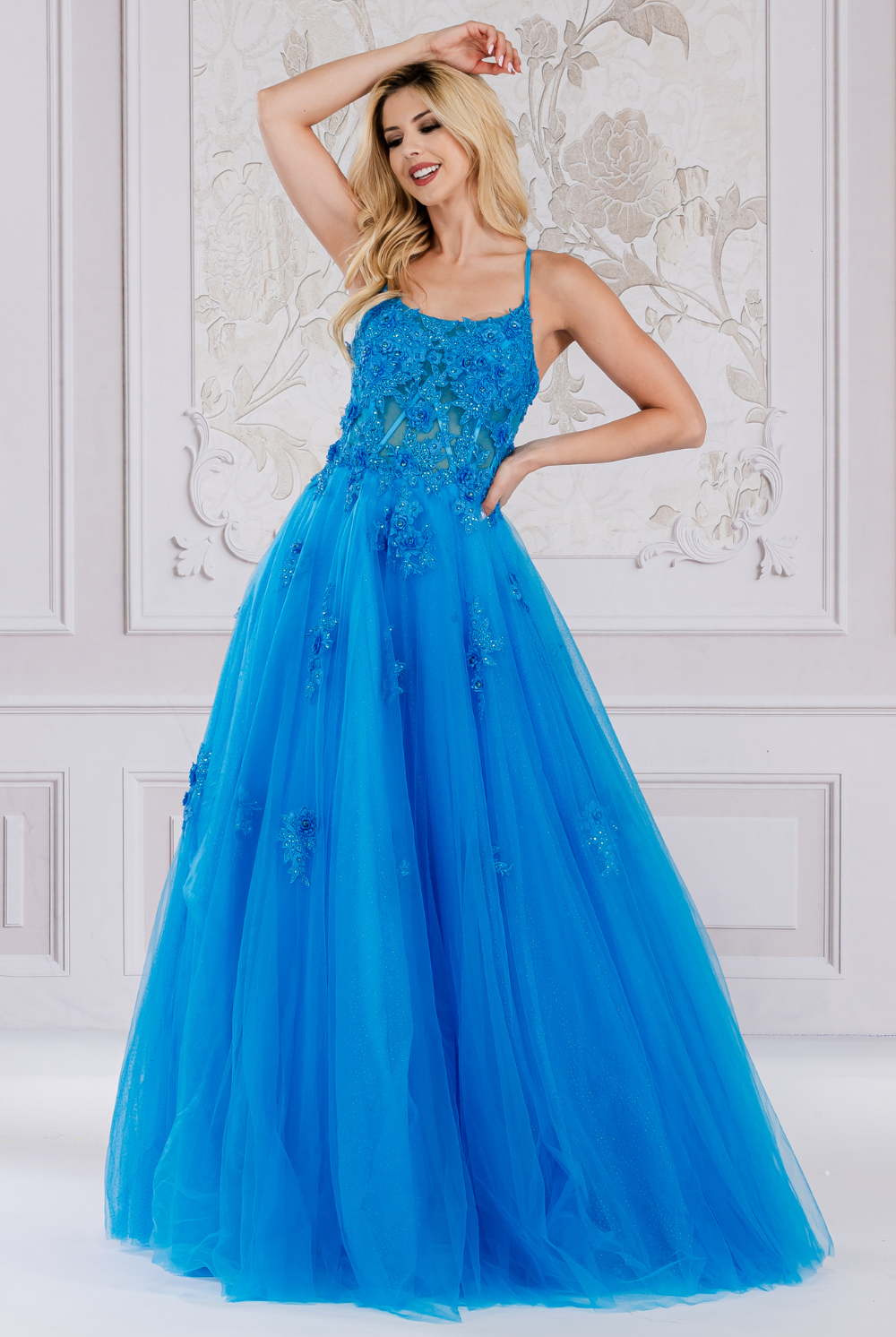 Flower Embroidery Tulle Skirt Boat Neck Long Prom Dress AC7035-Prom Dress-smcfashion.com