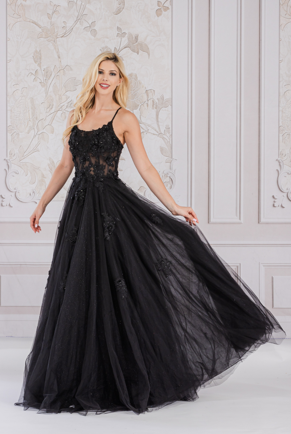 Flower Embroidery Tulle Skirt Boat Neck Long Prom Dress AC7035-Prom Dress-smcfashion.com