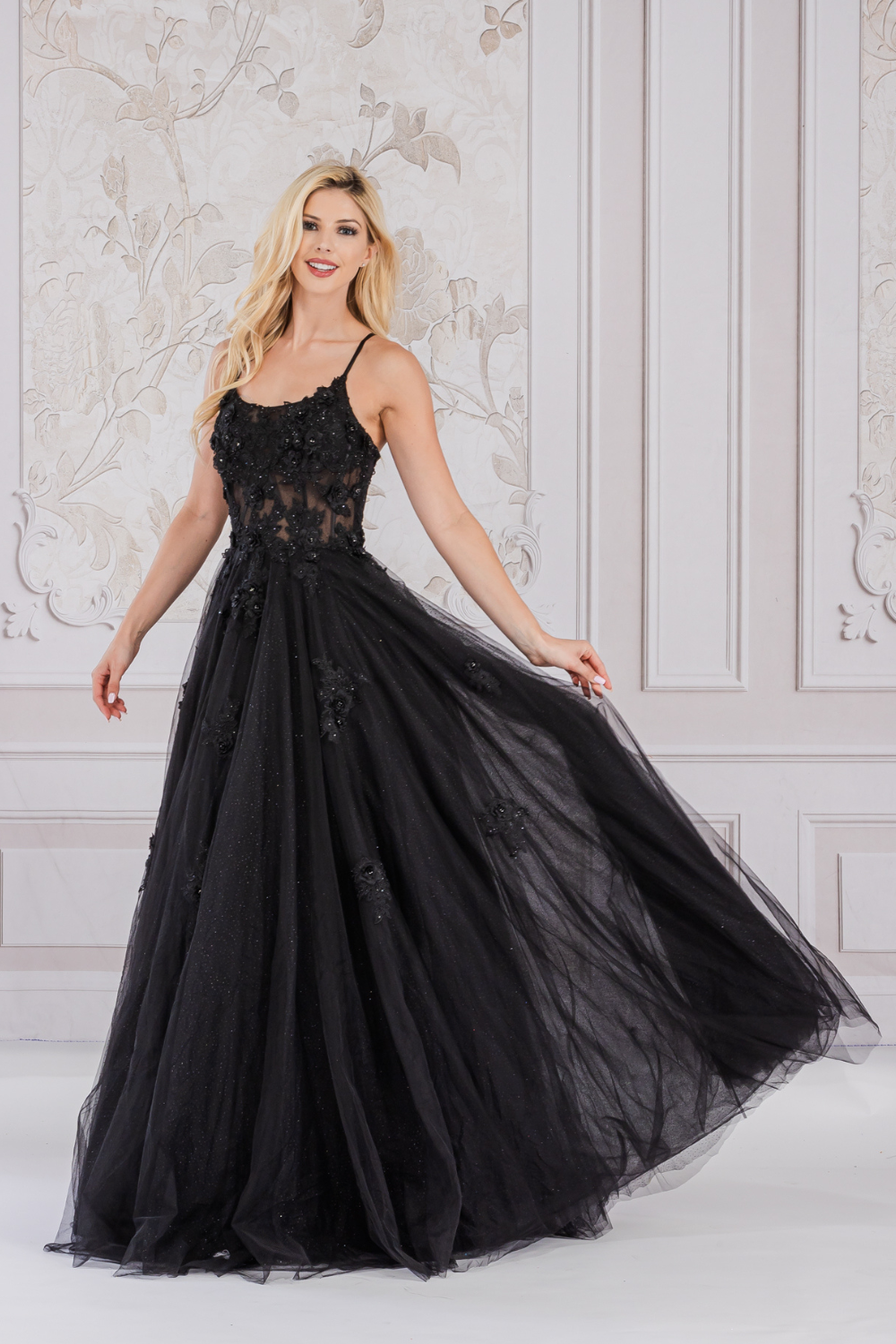 Flower Embroidery Tulle Skirt Boat Neck Long Prom Dress AC7035-Prom Dress-smcfashion.com