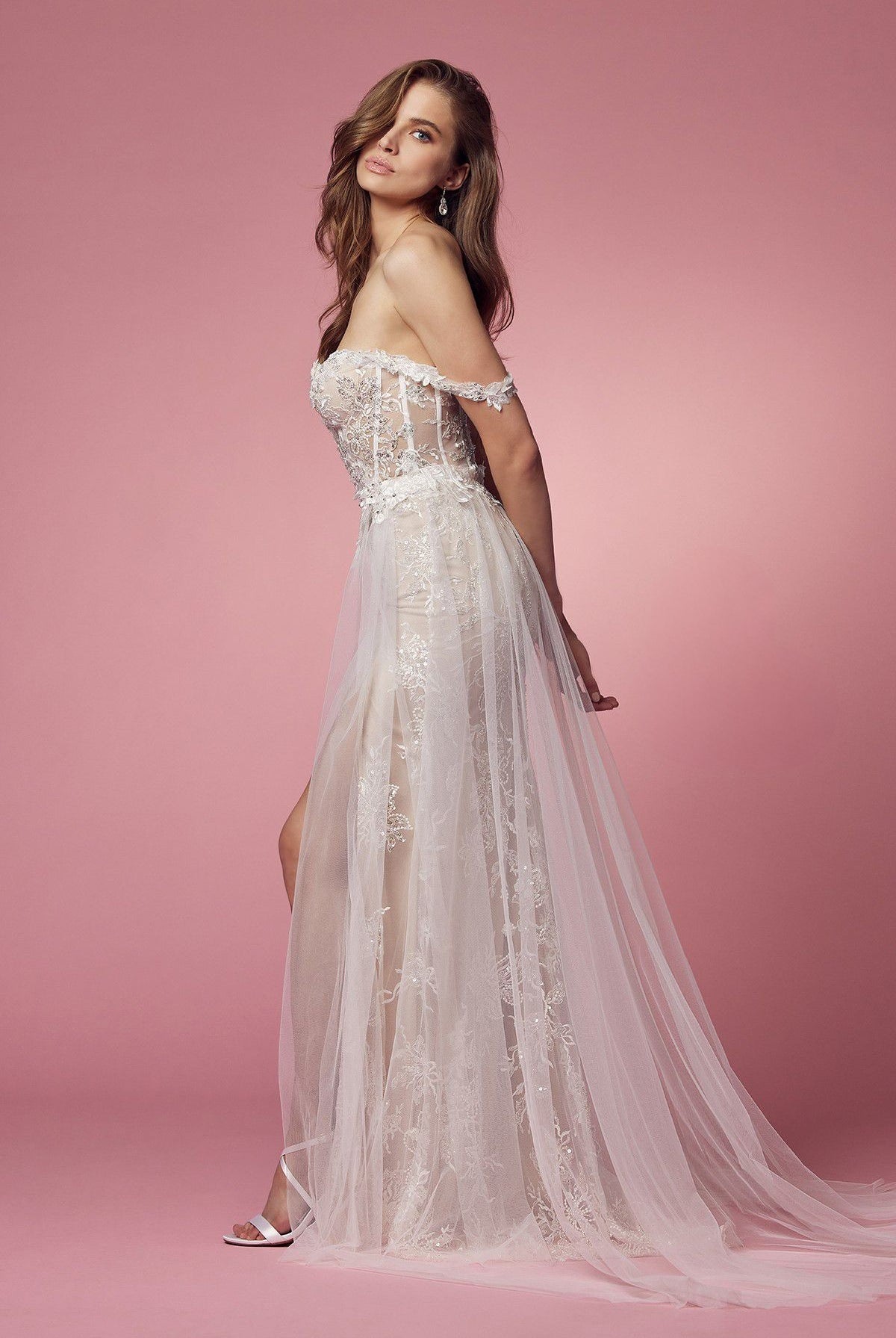 Off Shoulder Side Slit Boho Inspired Tulle A-Line Long Wedding Dress NXE441-Wedding Dress-smcfashion.com