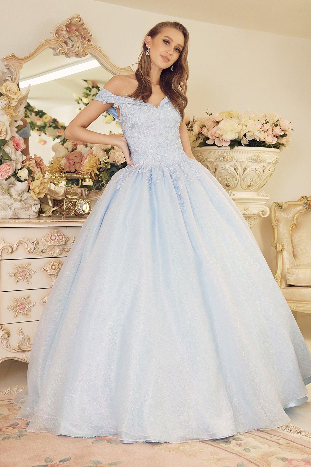 Off-the-Shoulder Lace Applique Court Train Long Ball Dress NXCU1193-Ball Dress-smcfashion.com