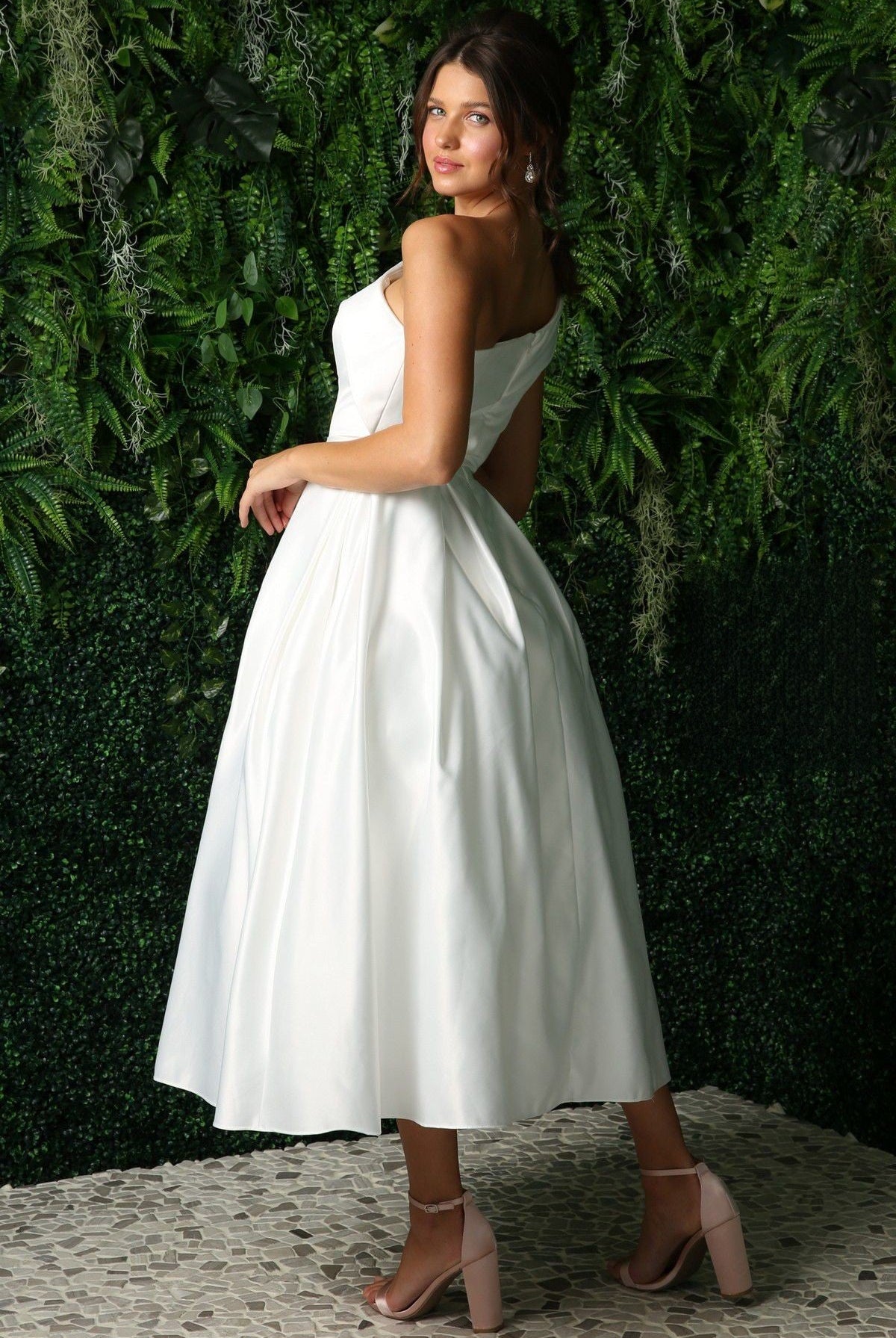 Open Back Strap Satin One Shoulder Midi Wedding Dress NXJE931W-Wedding Dress-smcfashion.com