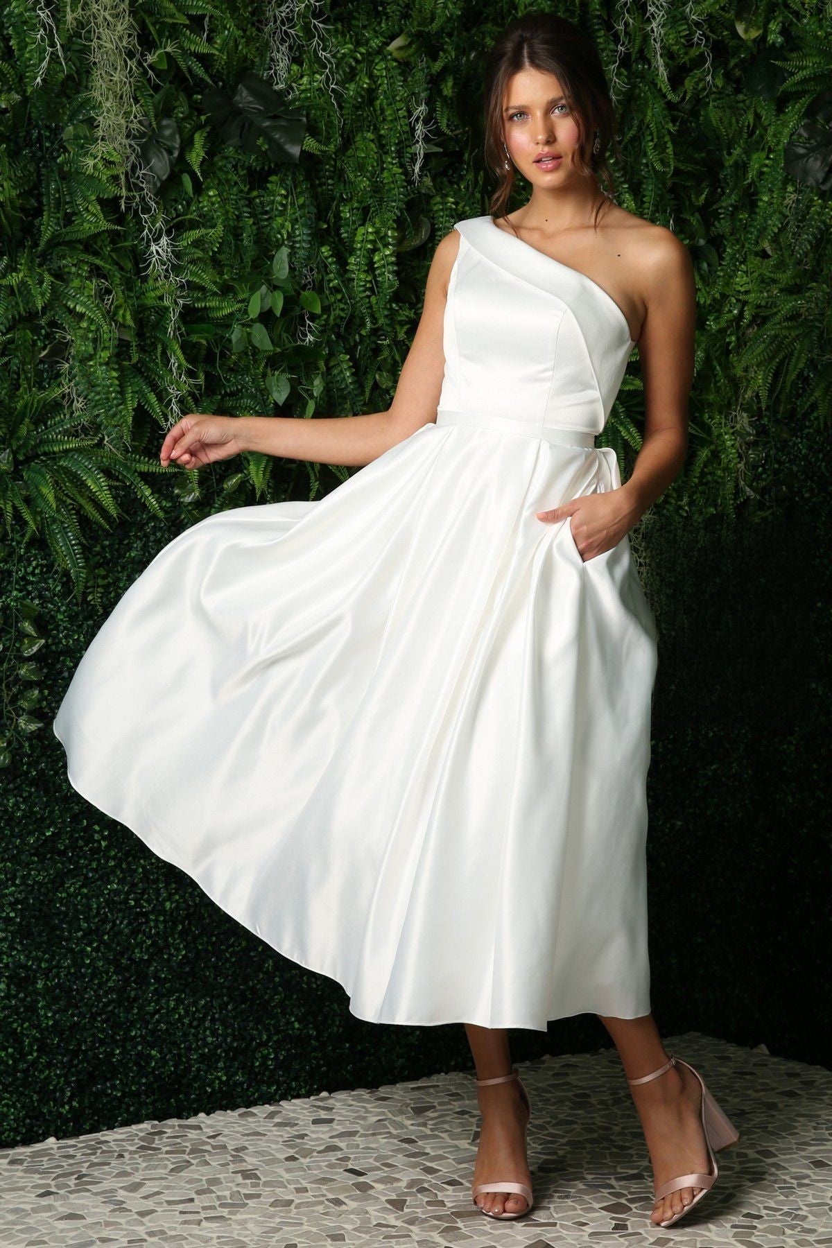 Open Back Strap Satin One Shoulder Midi Wedding Dress NXJE931W-Wedding Dress-smcfashion.com