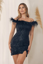 Sequin Details Straight Across Neck Side Slit Short Cocktail Dress NXT790-Cocktail Dress-smcfashion.com