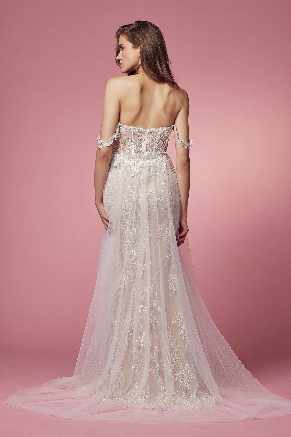 Off Shoulder Side Slit Boho Inspired Tulle A-Line Long Wedding Dress NXE441-Wedding Dress-smcfashion.com
