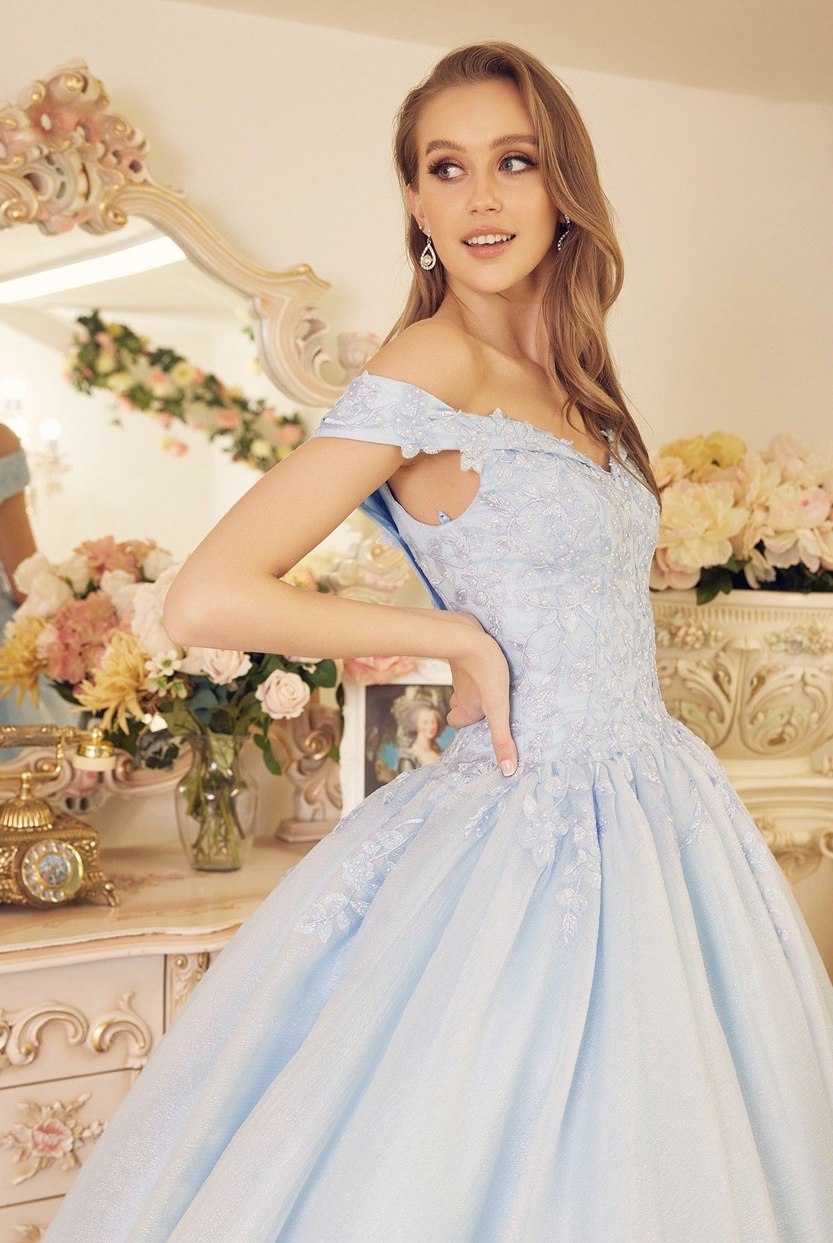 Off-the-Shoulder Lace Applique Court Train Long Ball Dress NXCU1193-Ball Dress-smcfashion.com