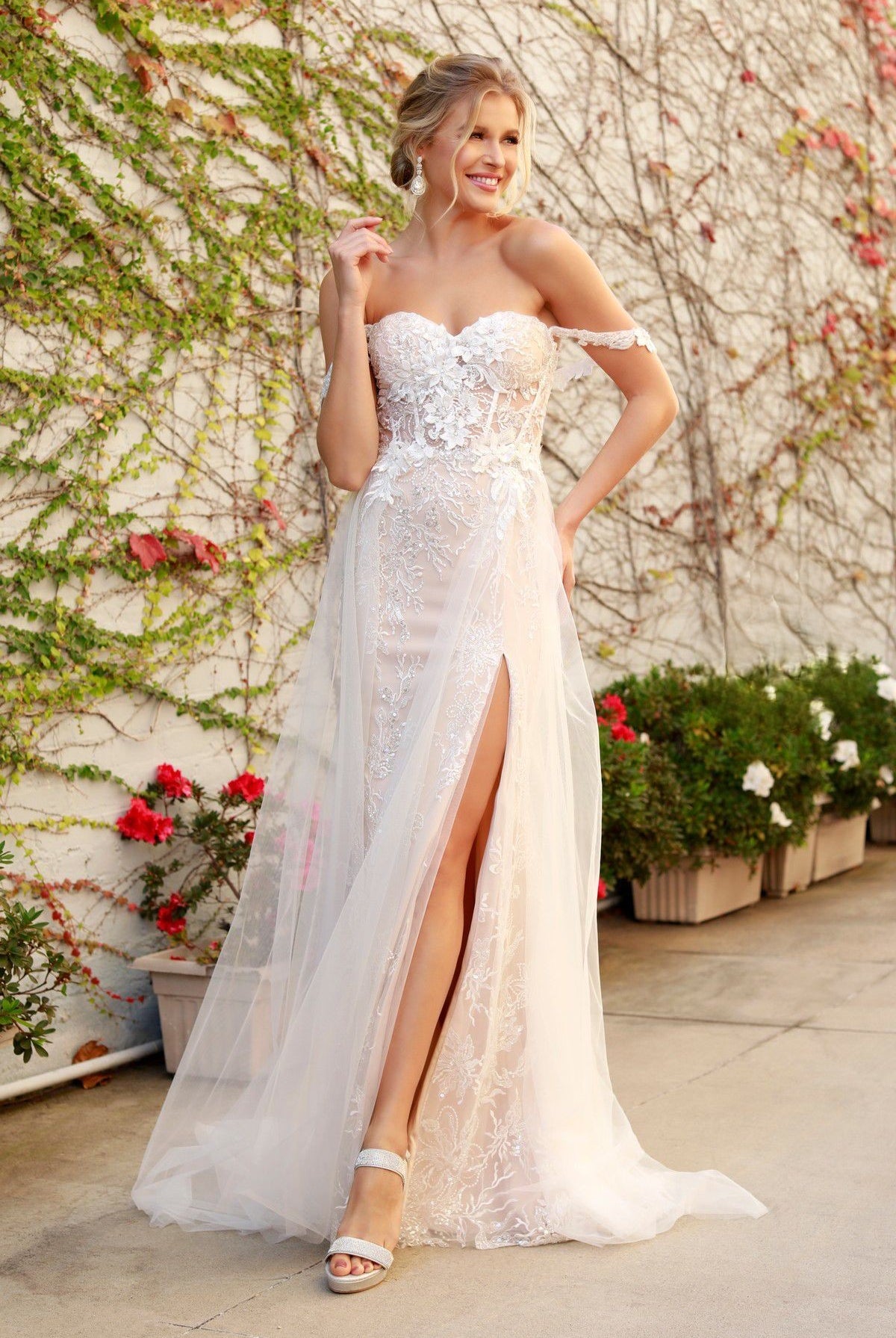 Off Shoulder Side Slit Boho Inspired Tulle A-Line Long Wedding Dress NXE441-Wedding Dress-smcfashion.com