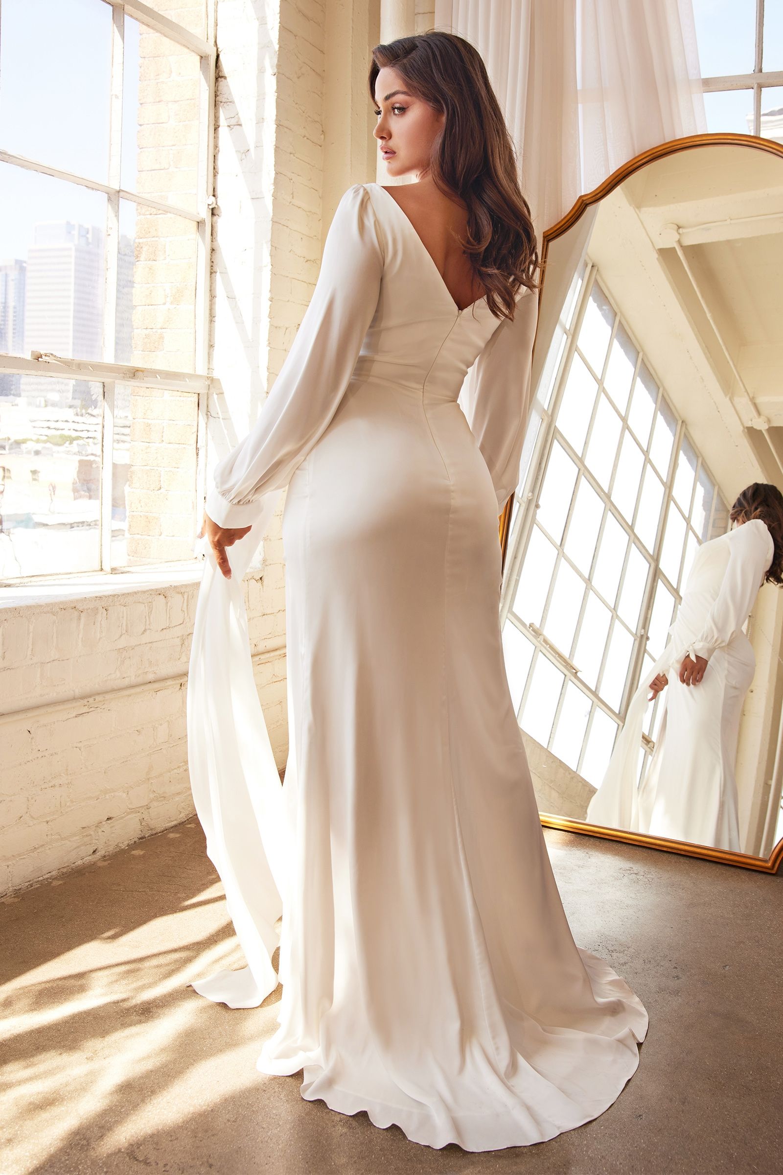 Wrap-Effect Wedding & Bridal Long Sleeve Satin Gown Floor-Length Skirt with a Leg Slit Modern Luxury Bride Dress CD7478W Sale-Wedding Dresses-smcfashion.com