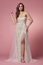 Off Shoulder Side Slit Boho Inspired Tulle A-Line Long Wedding Dress NXE441-Wedding Dress-smcfashion.com