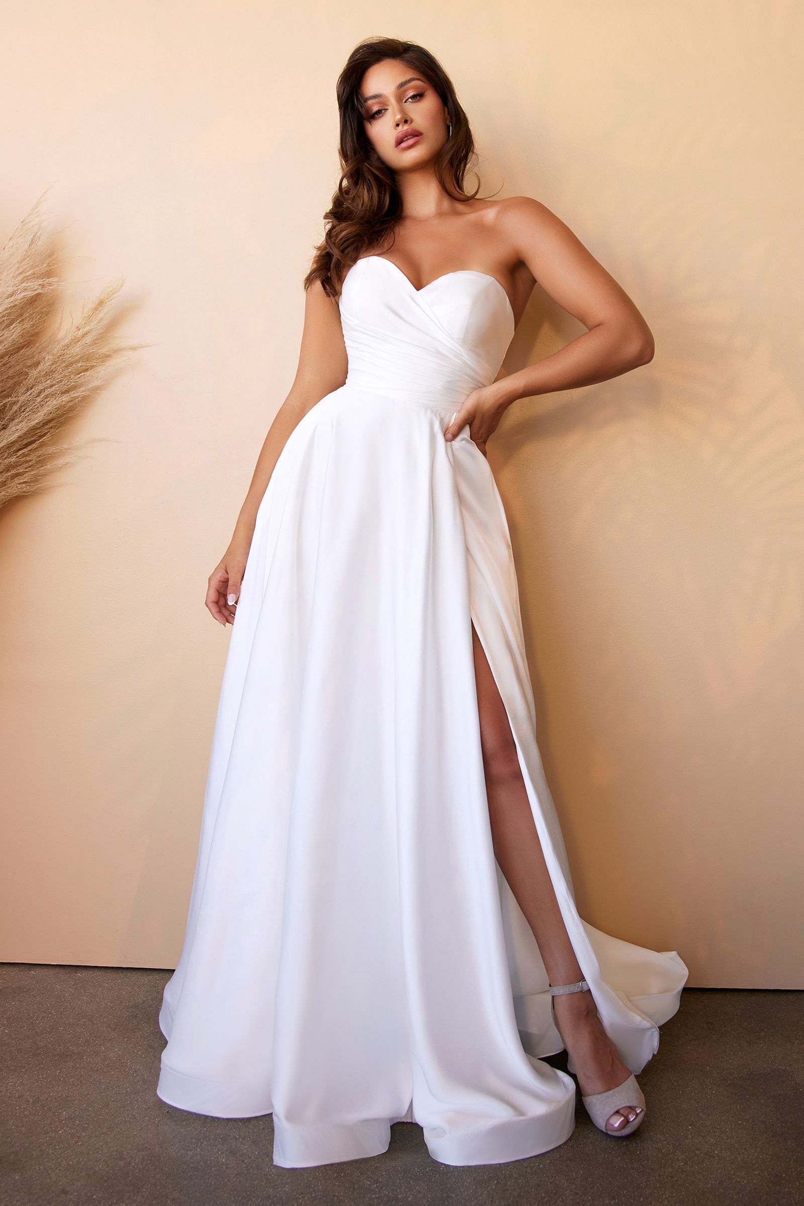 Satin Strapless Bridal Gown Fitted Sweetheart Neckline Corset Modern Wedding Look A-line Skirt with High Leg Slit CDCD0166W Sale-Wedding Dresses-smcfashion.com