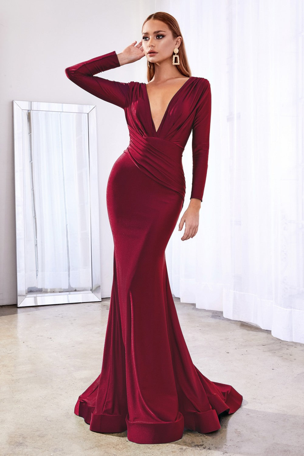 Fitted Stretch Jersey Ball Gown Wrapped Bodice with Deep V- Neckline Classic Sophisticated Silhouette Modest Long Sleeves CDCD0168 Sale-Mother Of The Bride Dress-smcfashion.com