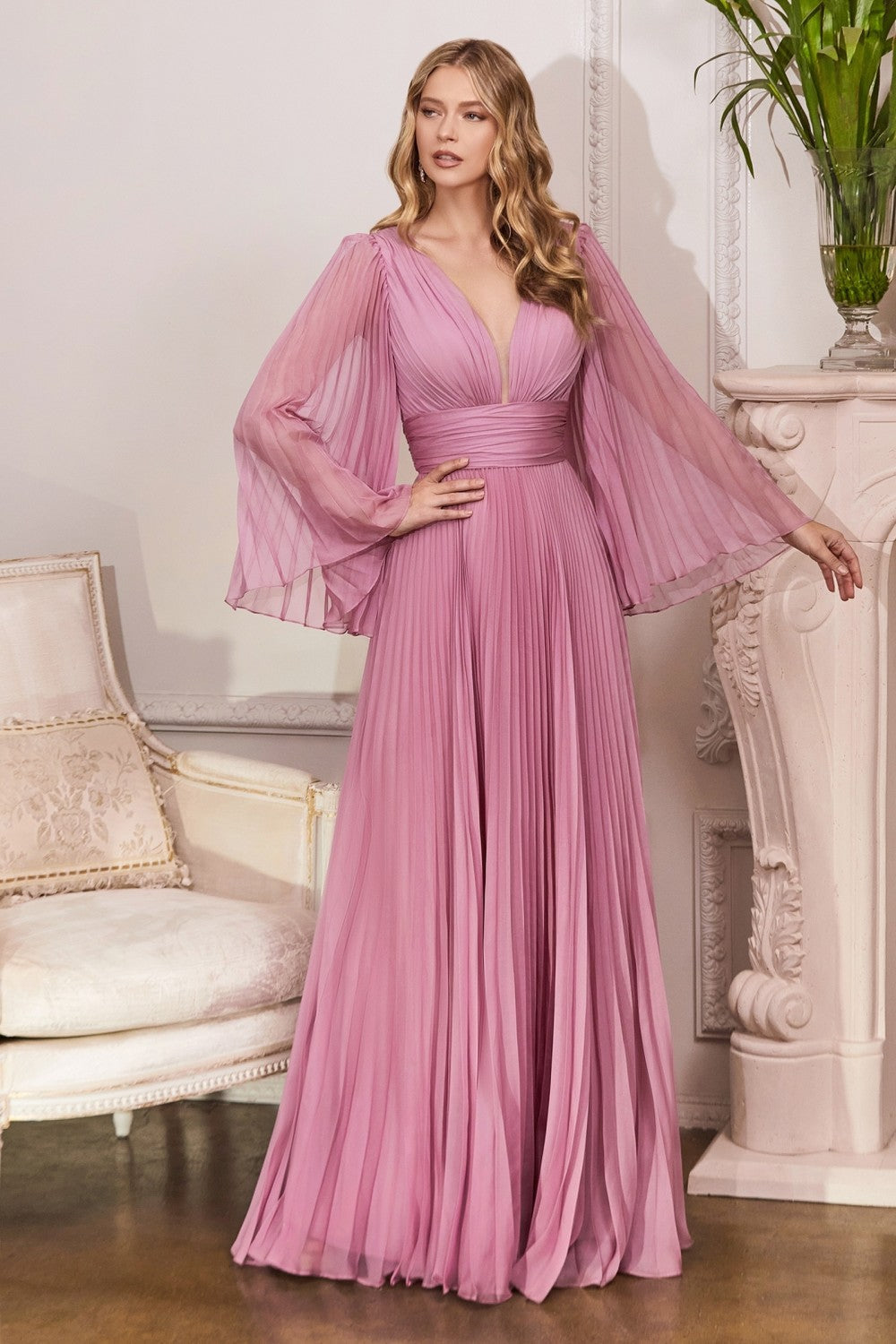 Pleated Chiffon Prom & Ball Gown Deep v-neckline Bodice with Open Back and Covered Shoulders Fairy Mother of the Bride Dress CDCD242 Sale-Bridesmaid Dress-smcfashion.com
