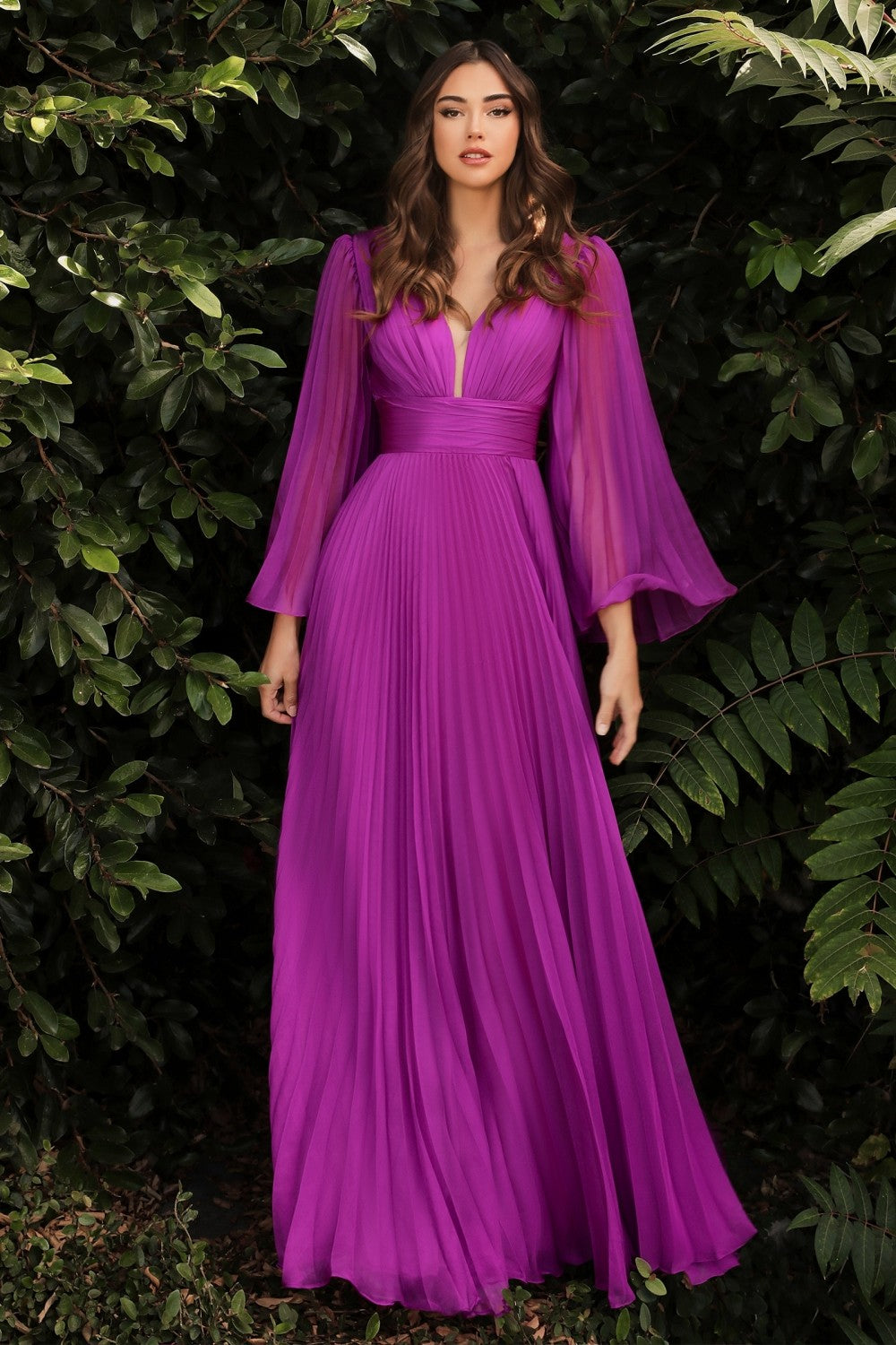 Pleated Chiffon Prom & Ball Gown Deep v-neckline Bodice with Open Back and Covered Shoulders Fairy Mother of the Bride Dress CDCD242 Sale-Bridesmaid Dress-smcfashion.com