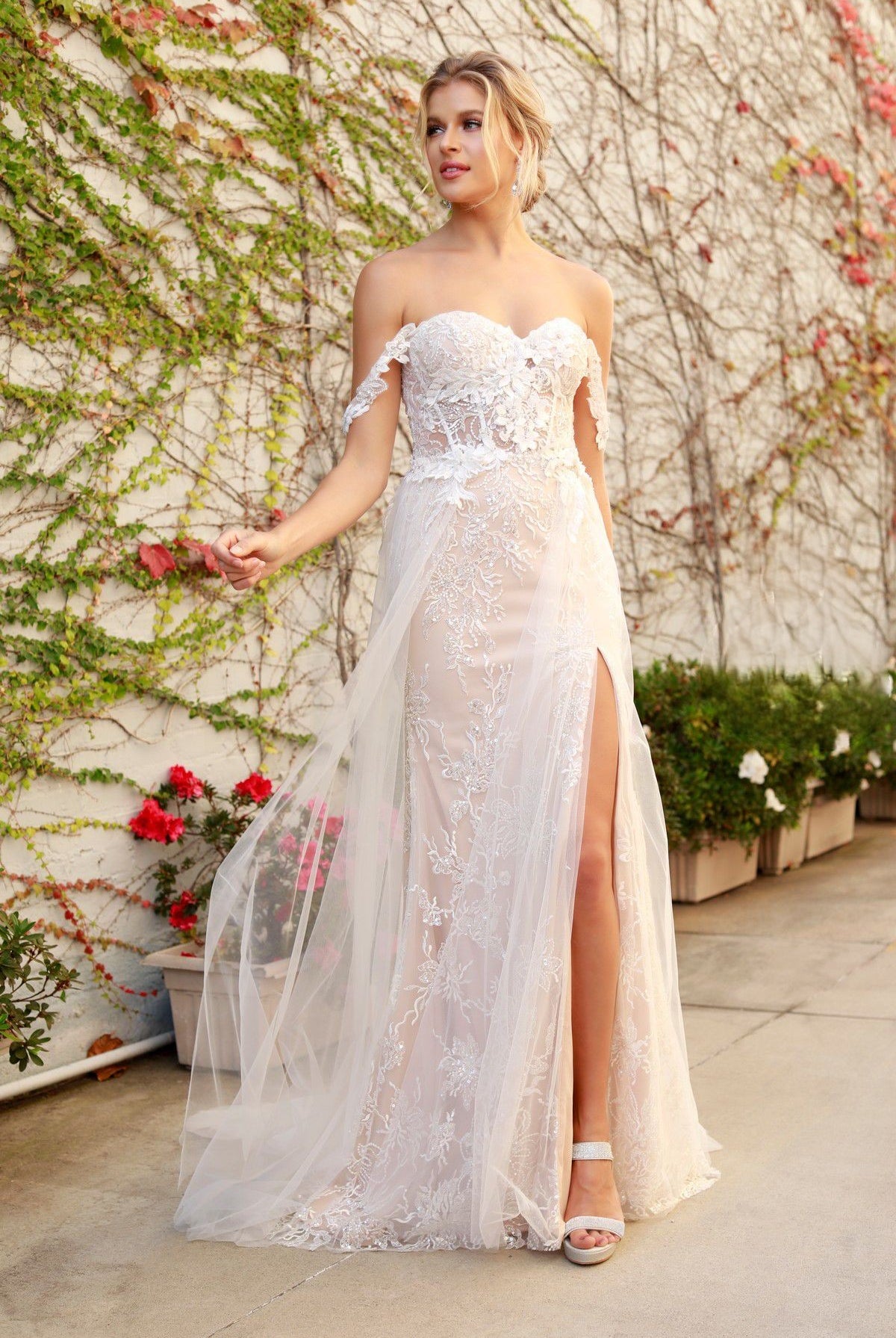 Off Shoulder Side Slit Boho Inspired Tulle A-Line Long Wedding Dress NXE441-Wedding Dress-smcfashion.com