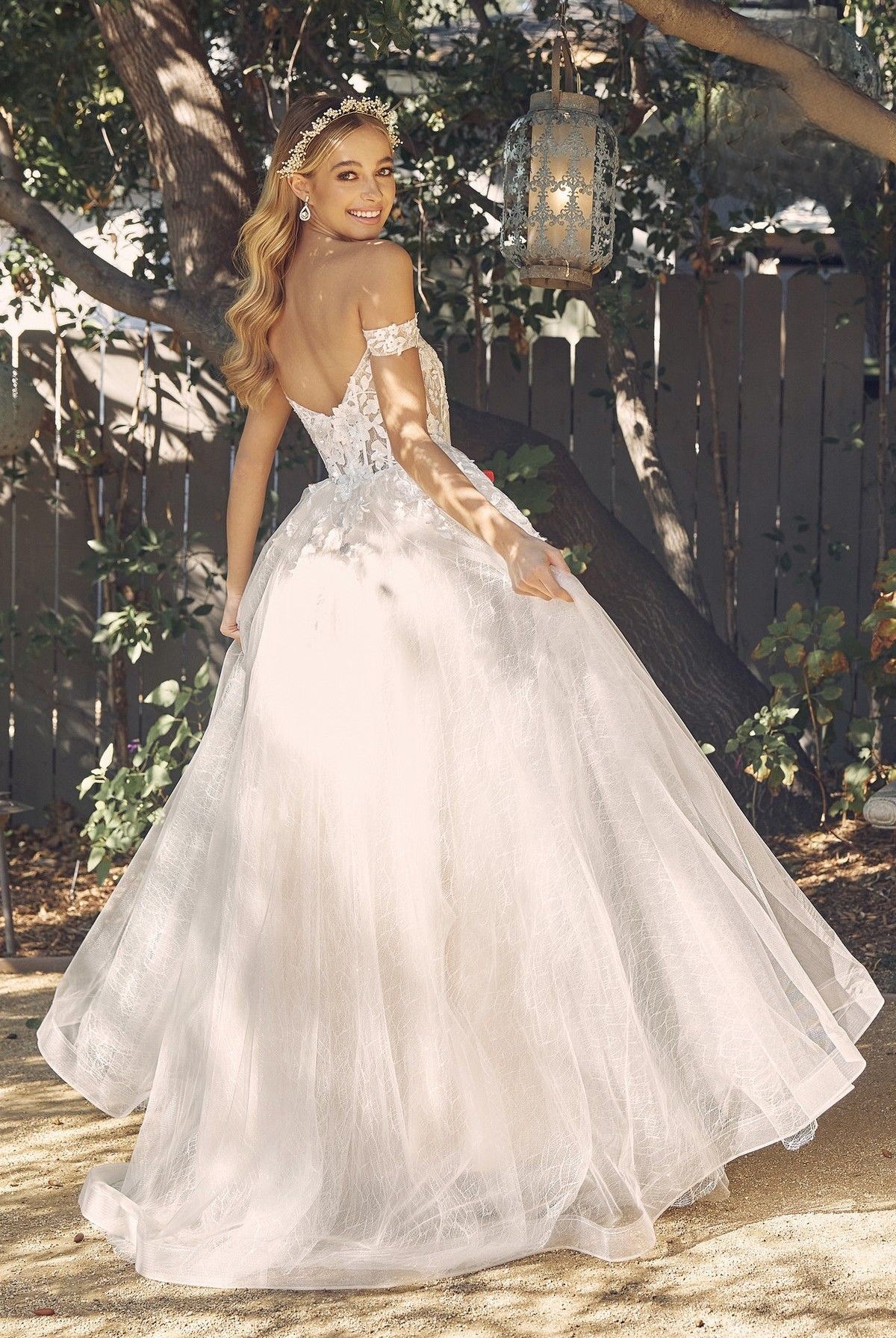Tulle Off-Shoulder with Floral Bodice Open Back Long Wedding Dress NXC1199W-Wedding Dress-smcfashion.com