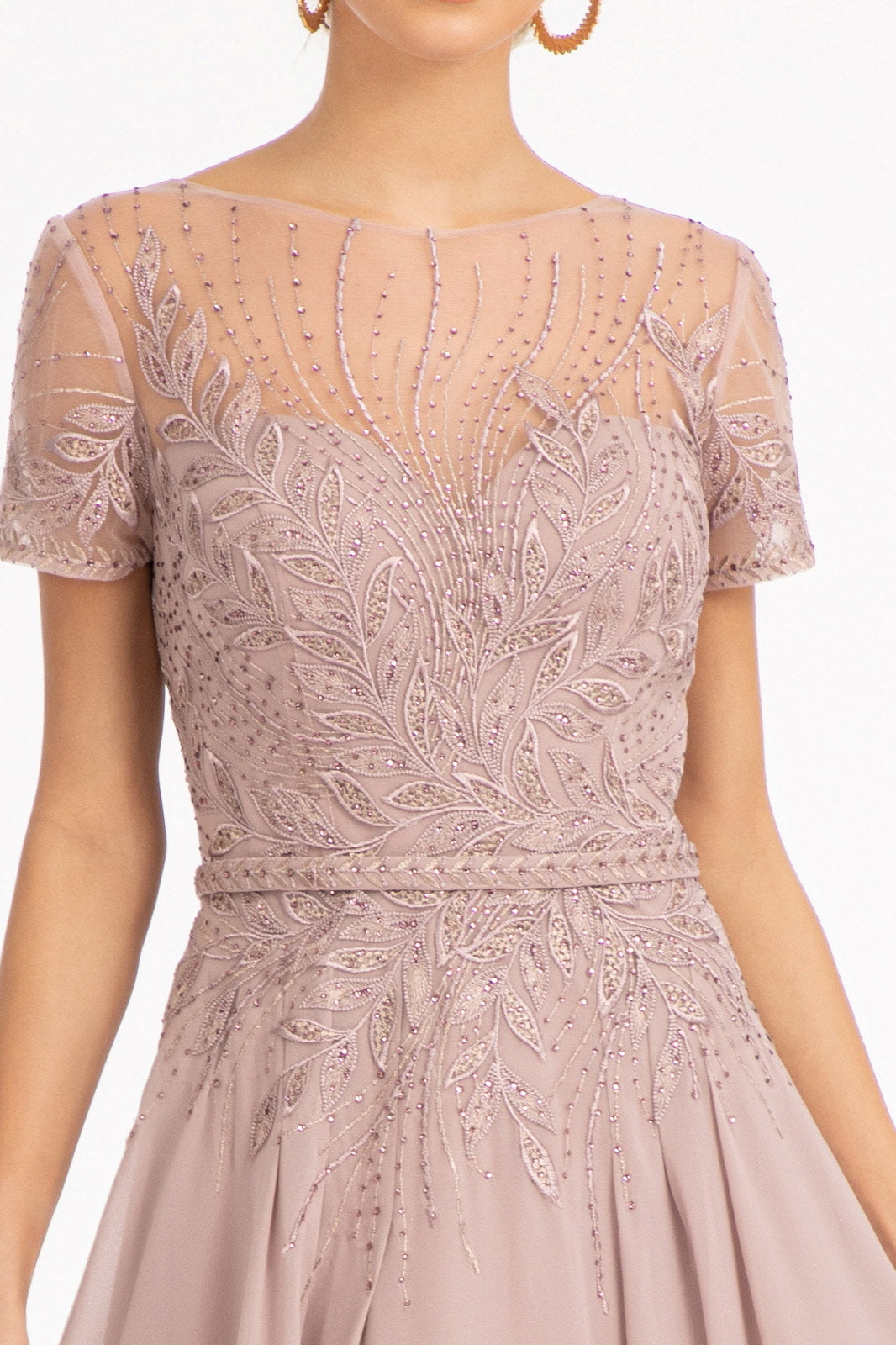 Embroidered Chiffon A-line Dress Short Sleeves and Waistband GLGL3067-MOTHER OF BRIDE-smcfashion.com