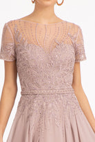 Embroidered Chiffon A-line Dress Short Sleeves and Waistband GLGL3067-MOTHER OF BRIDE-smcfashion.com