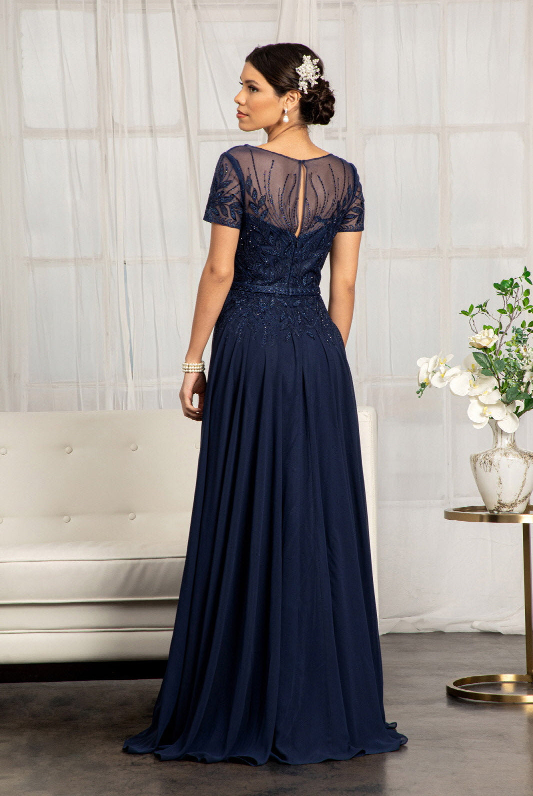 Embroidered Chiffon A-line Dress Short Sleeves and Waistband GLGL3067-MOTHER OF BRIDE-smcfashion.com