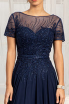 Embroidered Chiffon A-line Dress Short Sleeves and Waistband GLGL3067-MOTHER OF BRIDE-smcfashion.com