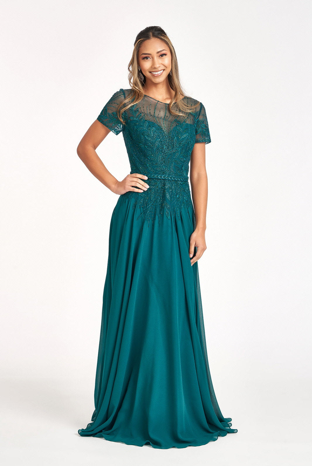 Embroidered Chiffon A-line Dress Short Sleeves and Waistband GLGL3067-MOTHER OF BRIDE-smcfashion.com