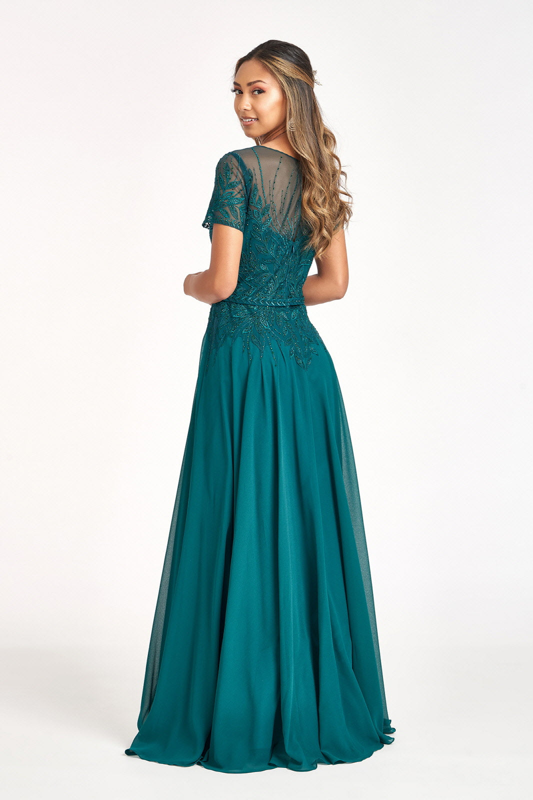 Embroidered Chiffon A-line Dress Short Sleeves and Waistband GLGL3067-MOTHER OF BRIDE-smcfashion.com