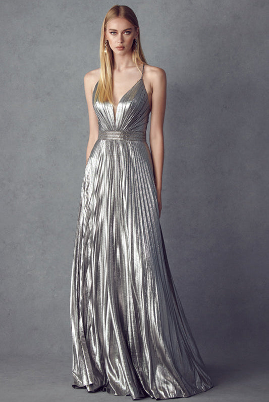 Pleated V-Neck Embellished Metallic Open Criss Cross Back Long Prom Dress JT226-Prom Dress-smcfashion.com