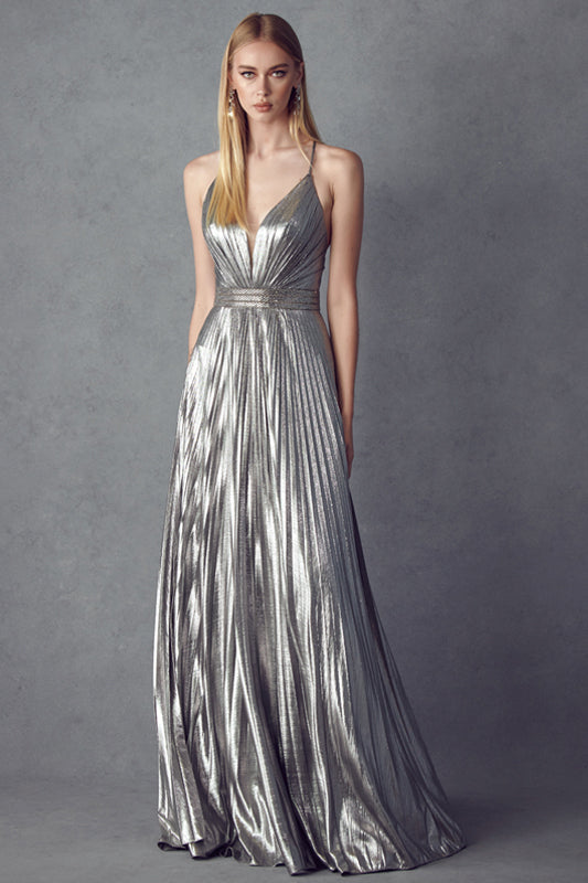 Pleated V-Neck Embellished Metallic Open Criss Cross Back Long Prom Dress JT226-Prom Dress-smcfashion.com