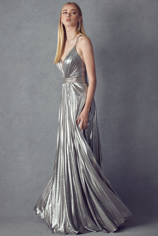 Pleated V-Neck Embellished Metallic Open Criss Cross Back Long Prom Dress JT226-Prom Dress-smcfashion.com