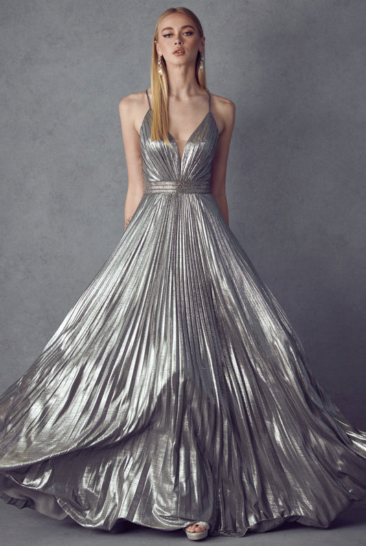 Pleated V-Neck Embellished Metallic Open Criss Cross Back Long Prom Dress JT226-Prom Dress-smcfashion.com