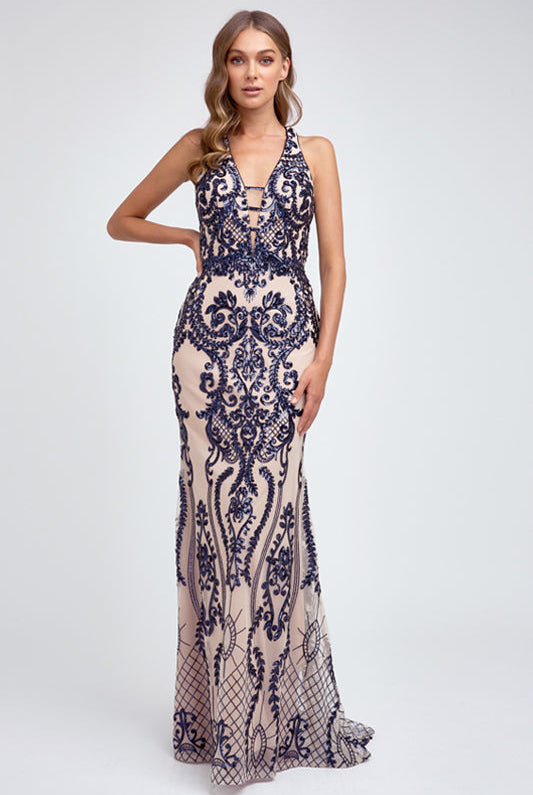 Embroidered Lace Open Back Illusion V-Neck Mermaid Long Prom Dress JT243-Prom Dress-smcfashion.com