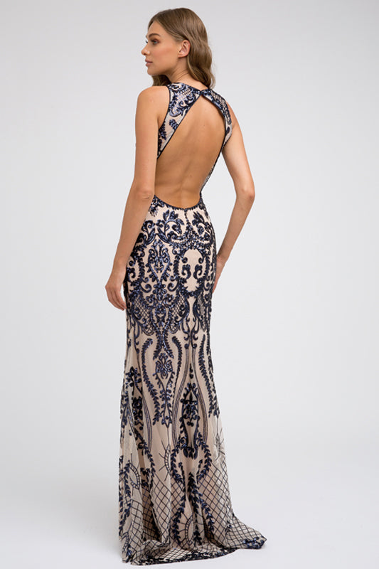 Embroidered Lace Open Back Illusion V-Neck Mermaid Long Prom Dress JT243-Prom Dress-smcfashion.com