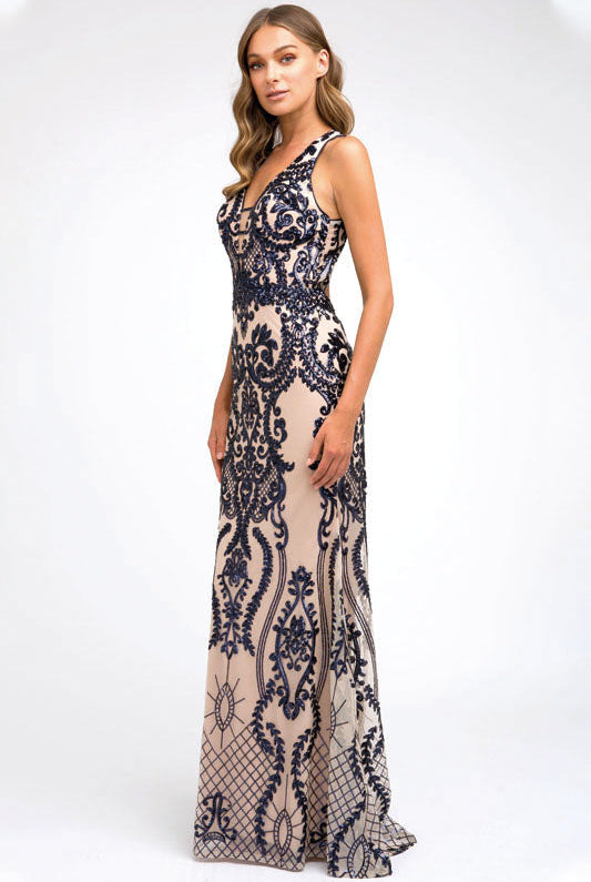 Embroidered Lace Open Back Illusion V-Neck Mermaid Long Prom Dress JT243-Prom Dress-smcfashion.com