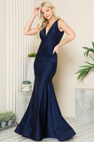 V-Neck Satin Mermaid Long Prom & Bridesmaid Dress AC370-Prom Dress-smcfashion.com