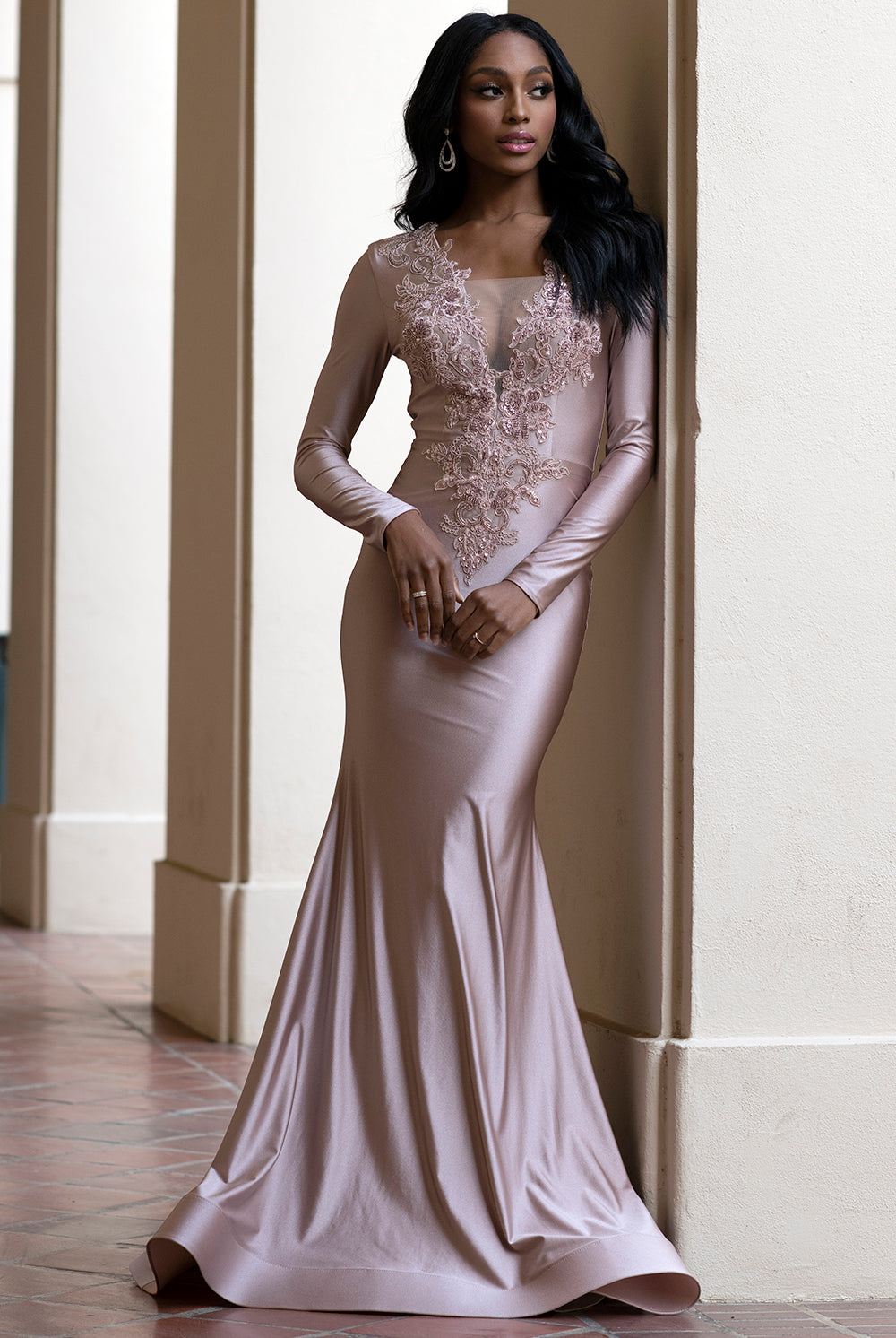 Illusion Deep V-Neck Long Sleeves Mermaid Long Prom Dress AC382-Prom Dress-smcfashion.com