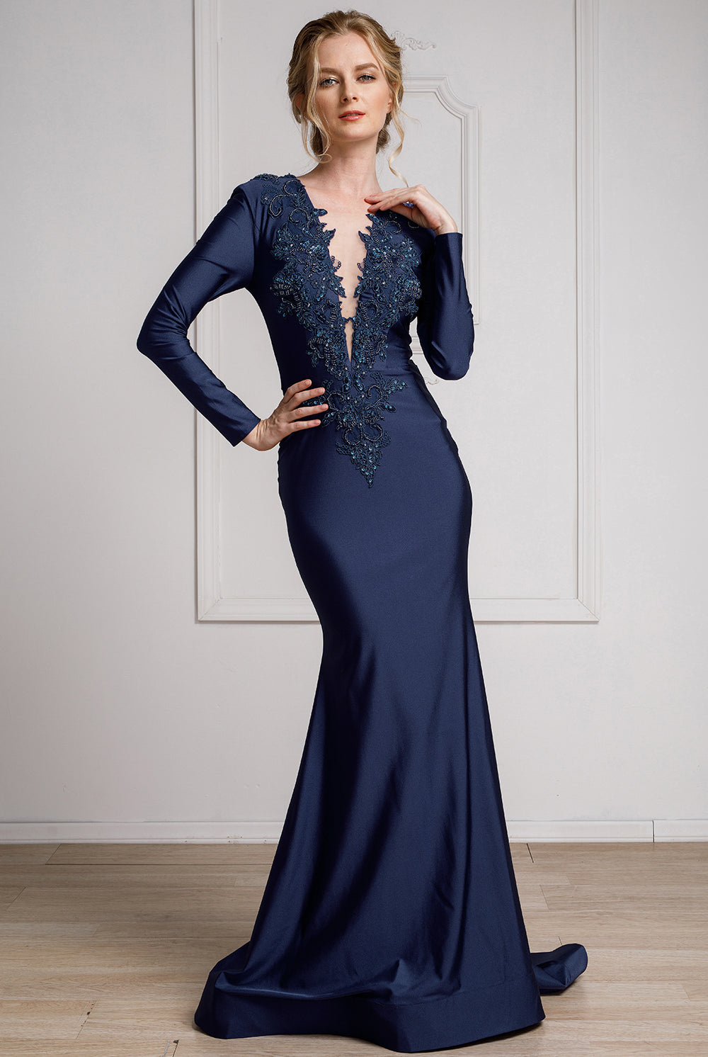 Illusion Deep V-Neck Long Sleeves Mermaid Long Prom Dress AC382-Prom Dress-smcfashion.com