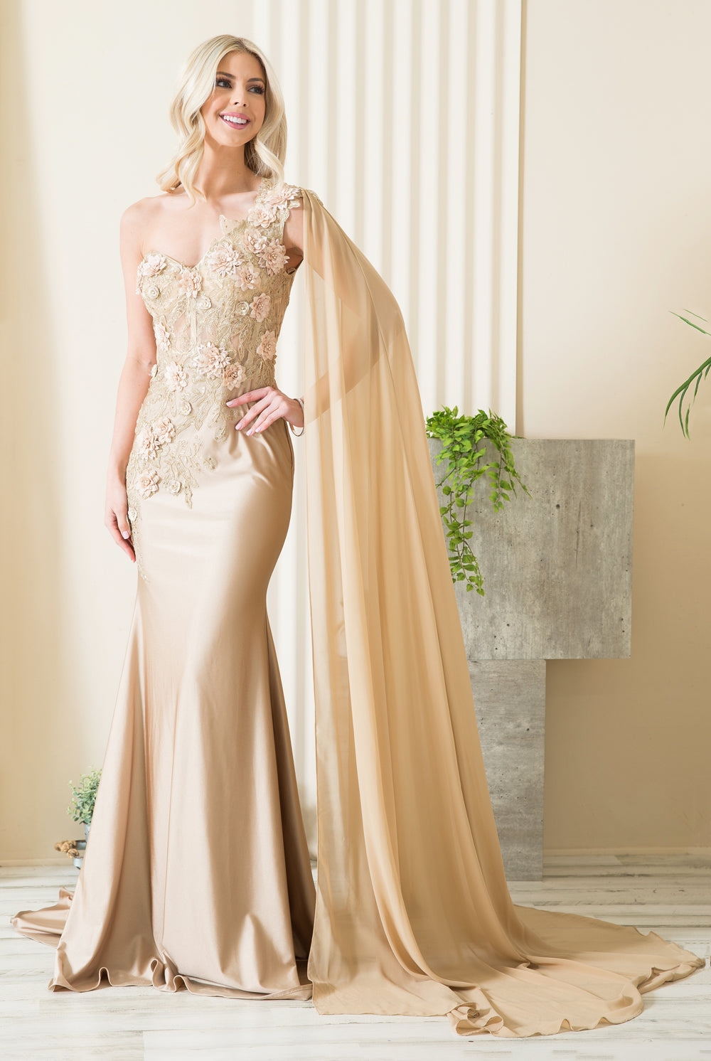 Strap One Shoulder 3D Floral Applique Mermaid Long Evening & Prom Dress AC388-Prom Dress-smcfashion.com