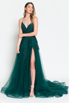 V-Neck Embroidered Lace Tulle Skirt Slit Long Wedding & Prom Dress ACBZ014-Prom Dress-smcfashion.com