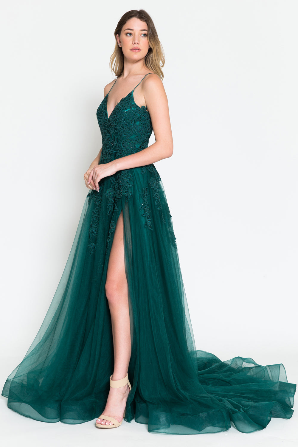 V-Neck Embroidered Lace Tulle Skirt Slit Long Wedding & Prom Dress ACBZ014-Prom Dress-smcfashion.com