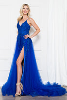 V-Neck Embroidered Lace Tulle Skirt Slit Long Wedding & Prom Dress ACBZ014-Prom Dress-smcfashion.com