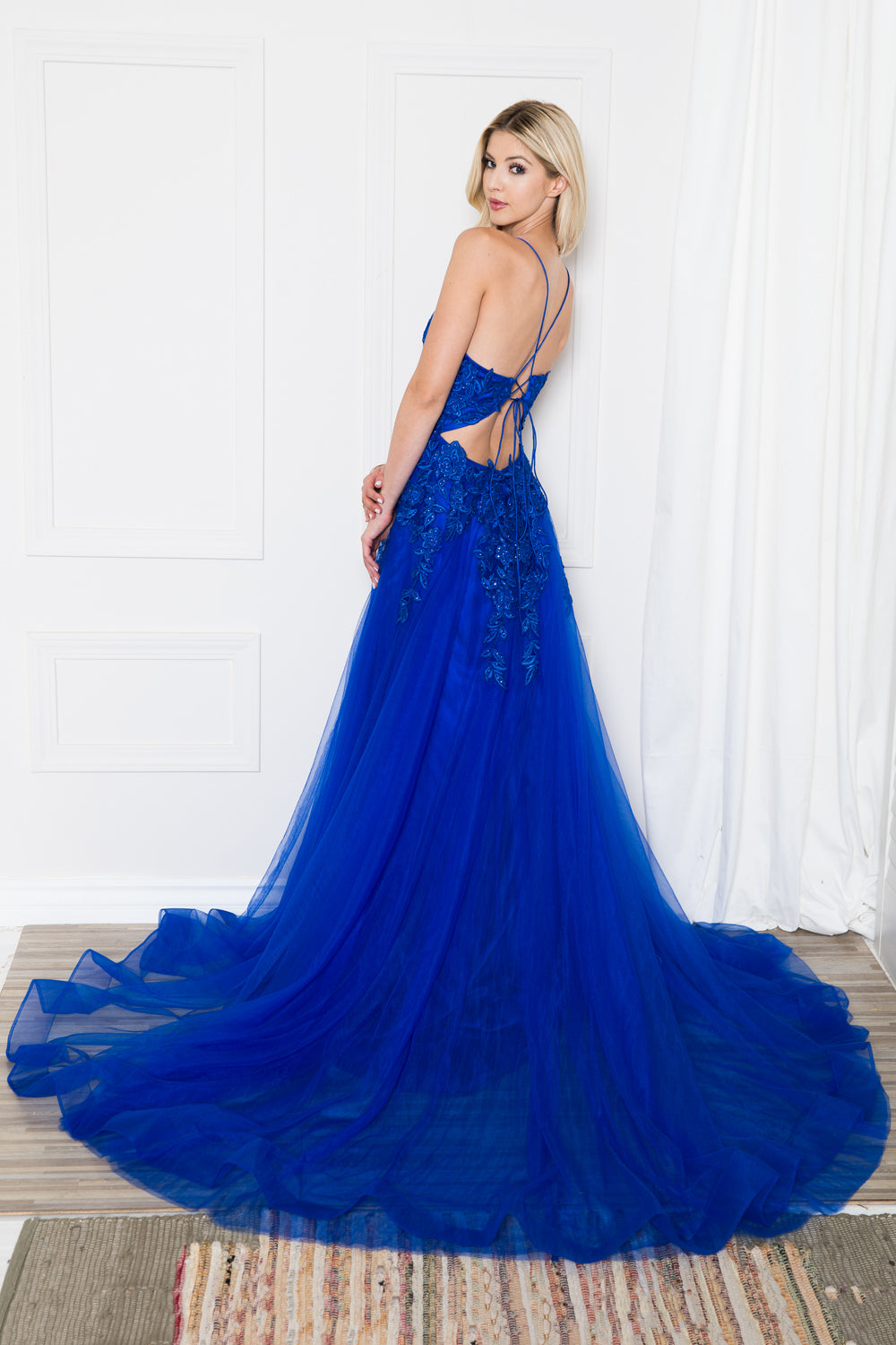 V-Neck Embroidered Lace Tulle Skirt Slit Long Wedding & Prom Dress ACBZ014-Prom Dress-smcfashion.com