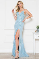 Embroidered Sequin Slit Flower Detailed Long Evening & Wedding Dress AC5020-Wedding Dress-smcfashion.com